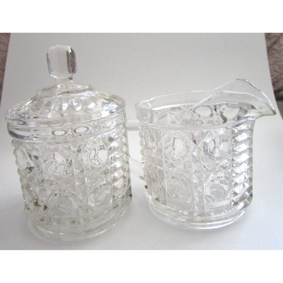 Vintage Indiana Clear Glass Windsor Pattern - Creamer & Lidded Sugar Bowl Set - Picture 3 of 16